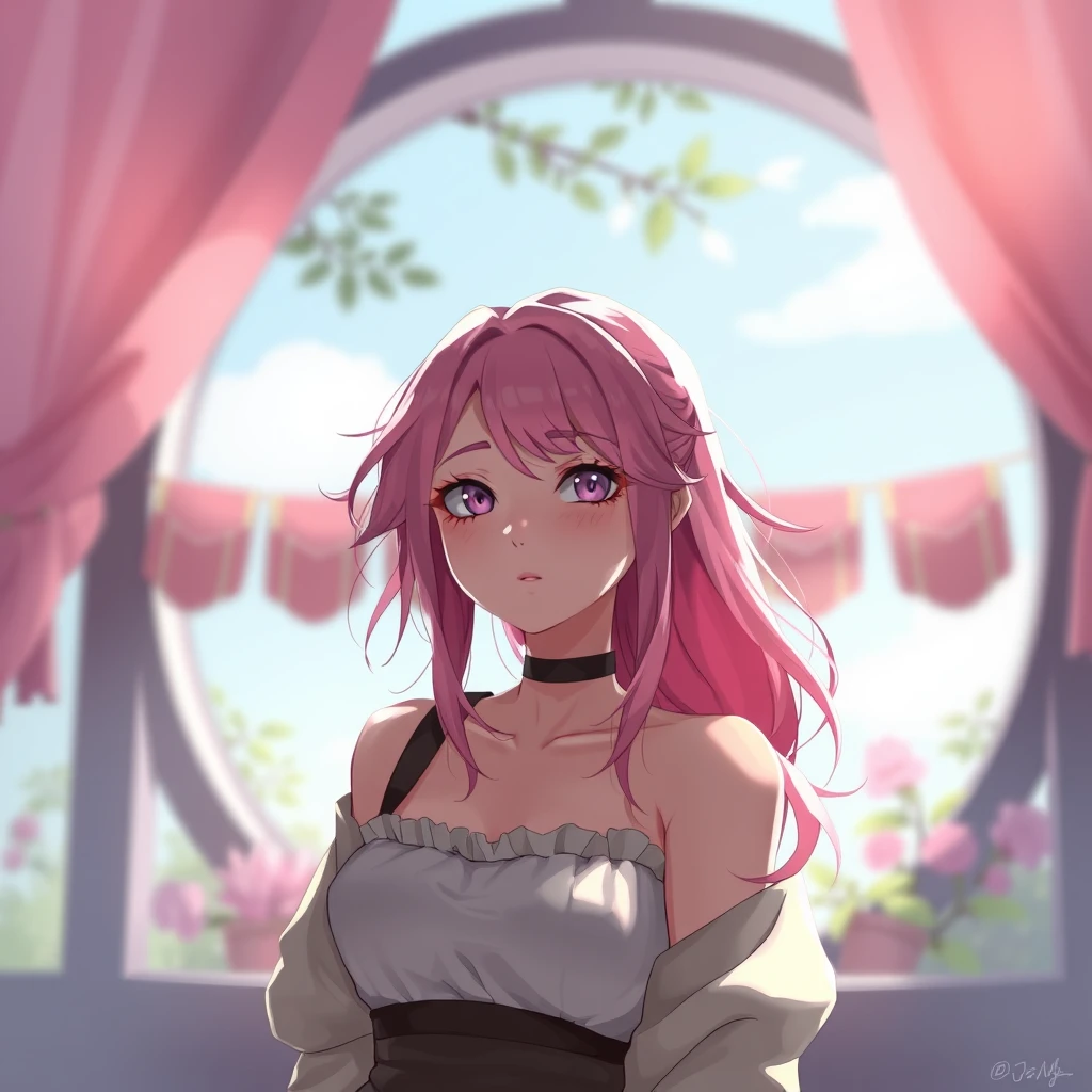 Pink-haired 2D beautiful girl