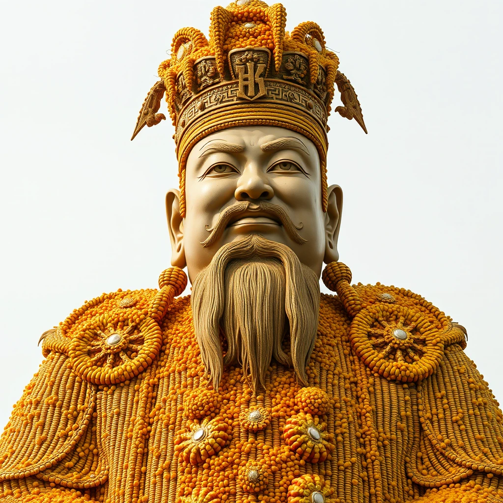 "A full-body statue of a Chinese-style emperor with a distinctly feminine appearance, covered in corn on the outside."