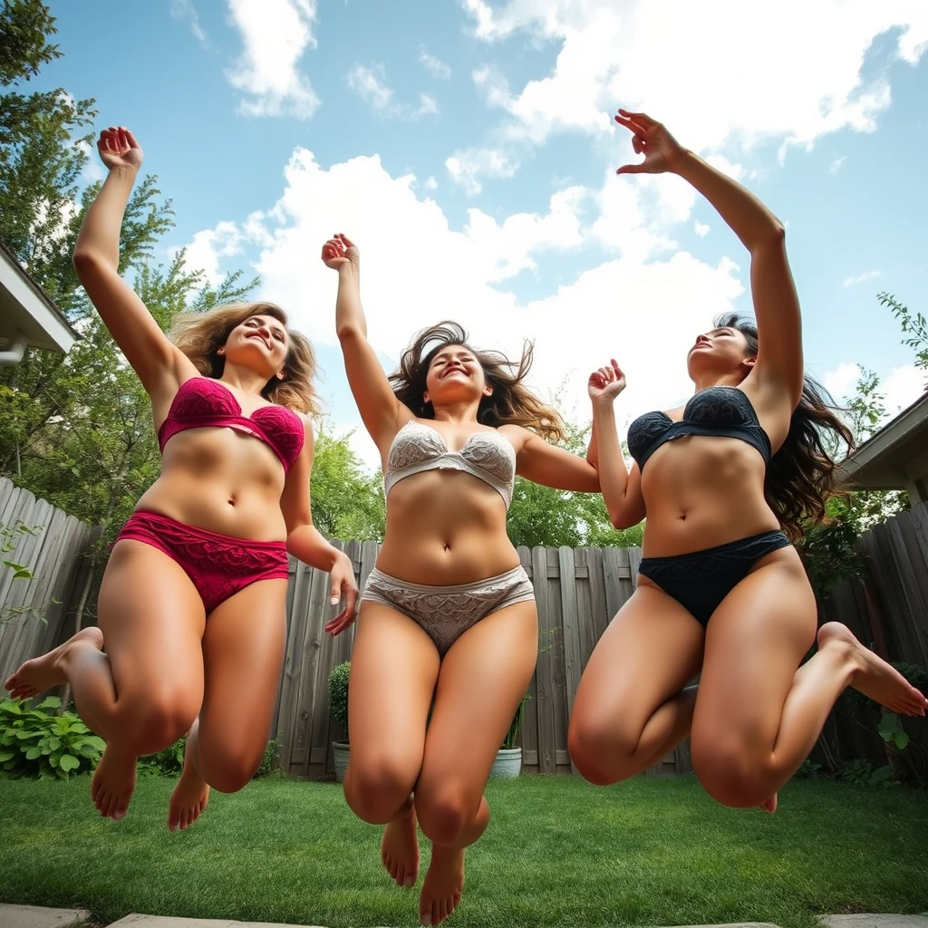 Three busty women in lace bikinis in a backyard. The view is from below as they jump in the air. - Image