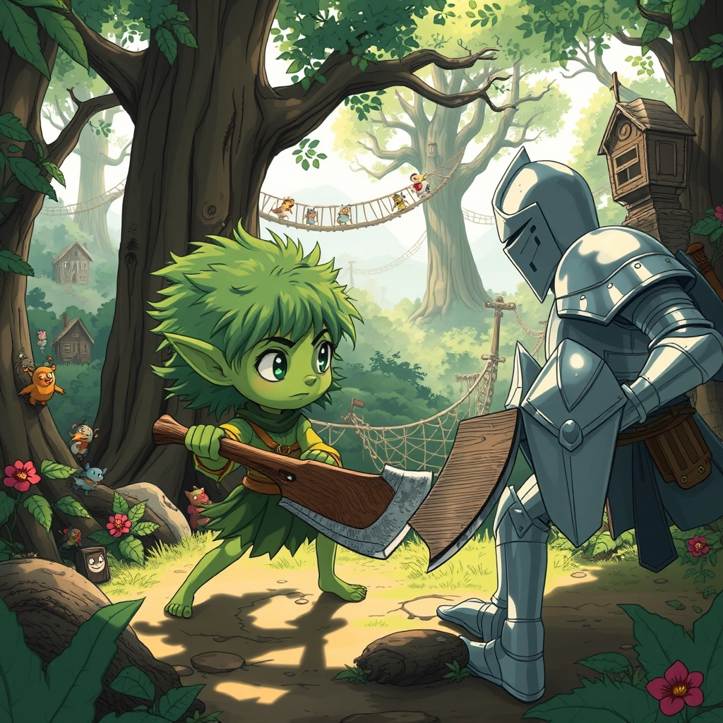 A whimsical forest scene in the style of Studio Ghibli. A petite goblin girl with emerald skin, large expressive eyes, and wild moss-green hair wields a rustic wooden axe. She faces off against a human female knight in shining silver armor. The goblin girl is gaining the upper hand, her movements nimble and determined. Sunlight filters through lush foliage, casting dappled shadows. Colorful forest spirits peek out from behind ancient trees, watching the confrontation with curiosity. The background features a distant treehouse village connected by rope bridges. Soft, earthy color palette with vibrant pops of magic. Flowing linework and ethereal atmosphere typical of Miyazaki's films. - Image