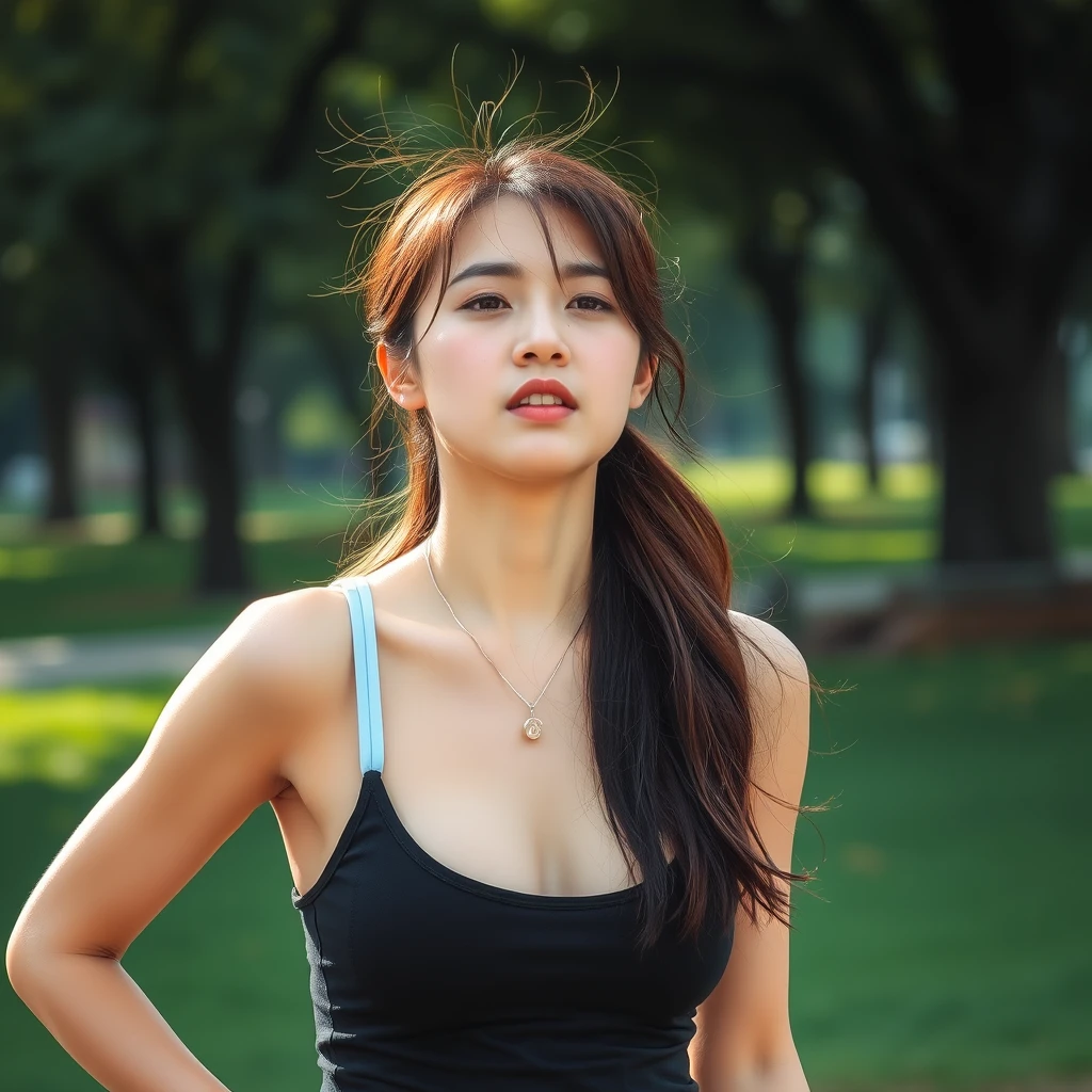 A beautiful Korean woman, ulzzang, wearing a tank top, sweating, in a park, photo. - Image