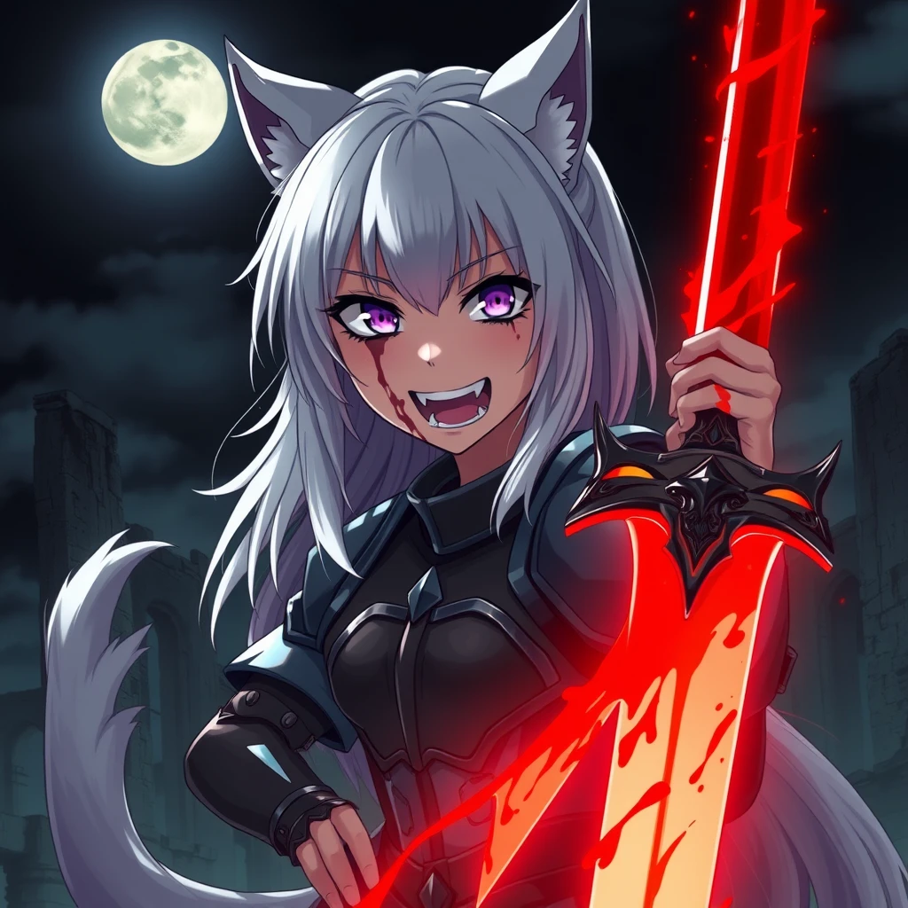 Anime girl with fangs and medium white hair, as well as wolf ears and a tail. She has purple eyes and an evil grin, with blood on her face while holding a glowing light red sword full of blood in her right hand. The girl is wearing armor. In the background, there are old ruins, and the setting is dark and foggy. The sky features a full moon. The scene is dramatic, dynamic, and cinematic. - Image