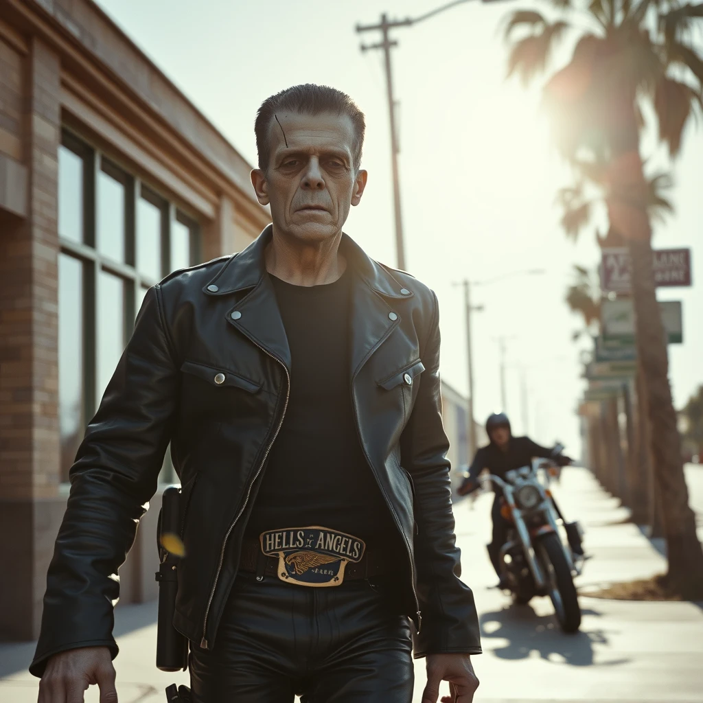 Boris Karloff as Frankenstein the Hells Angels biker walks down the sidewalk, dressed in leather, wearing a cowboy pistol belt, the noonday sun is bright, photo-realistic, leering, aggressive, 4k. - Image