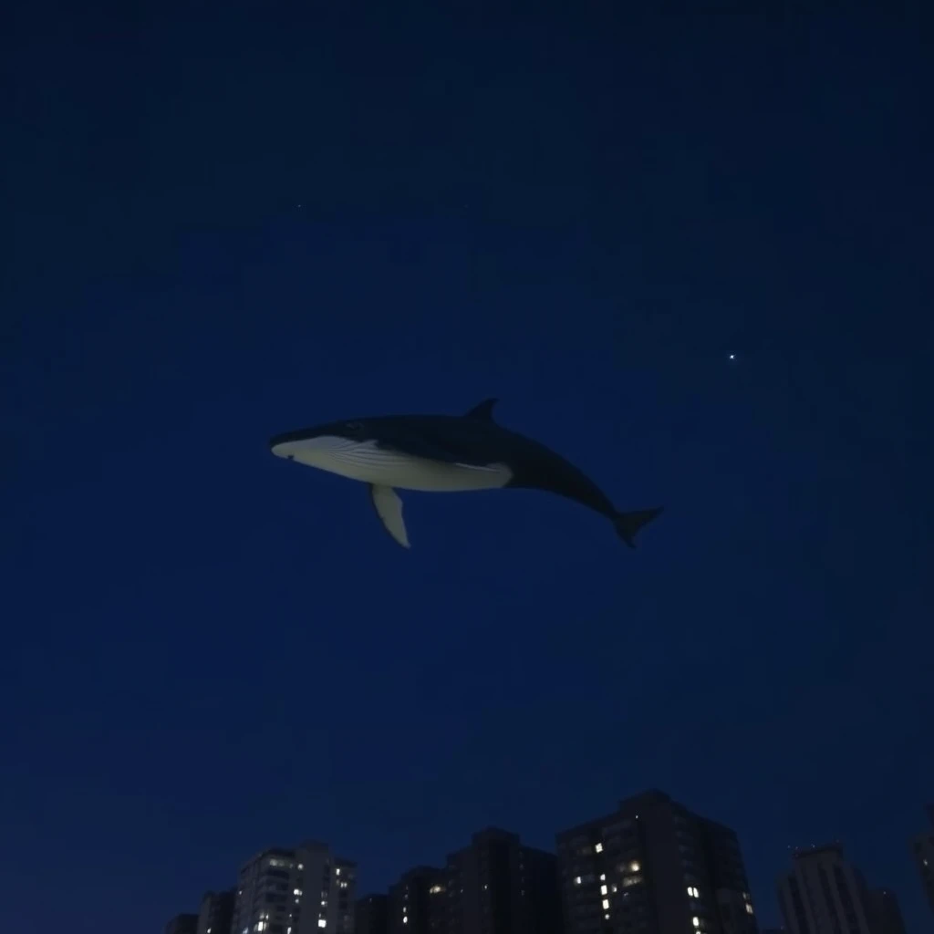 A whale swimming in the dark sky in an urban city at night. The sky is dark but with a slight blue hue, and there are a few shimmering stars hanging in the sky. - Image