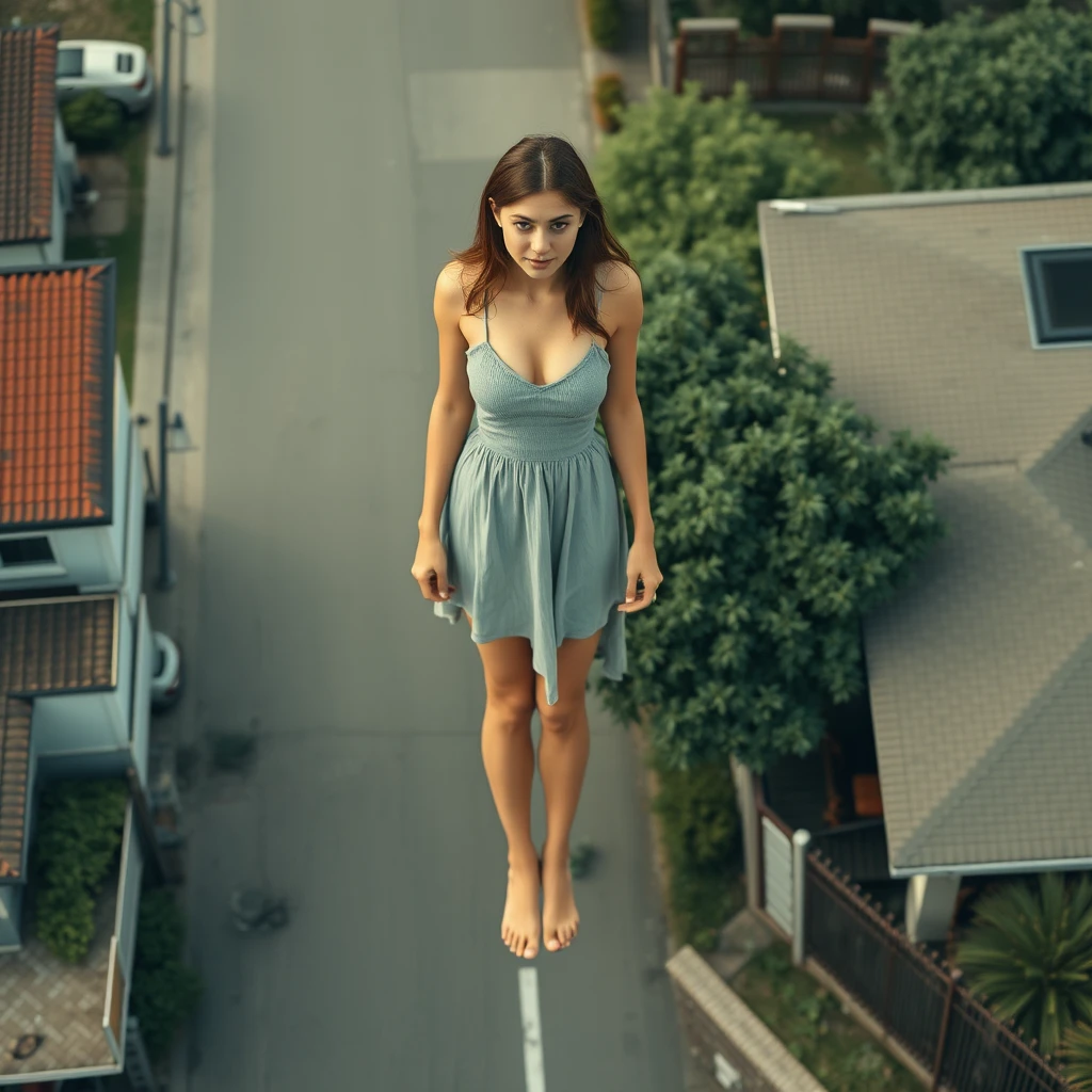 view from above, 50 meter tall giant woman standing in neighborhood street barefoot - Image