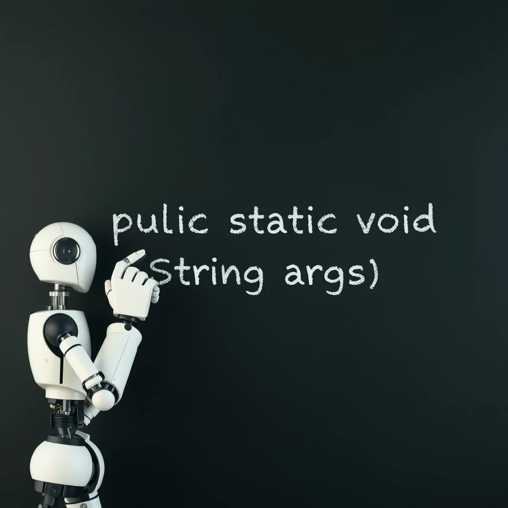 The robot writes the text 'public static void main(String args[]){}' on the blackboard.