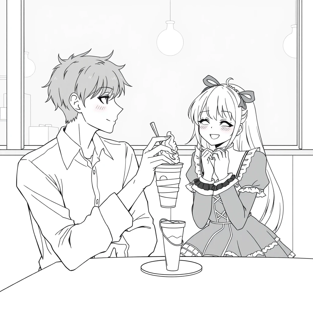 The boy was sitting and gently feeding his girlfriend a cup of ice cream, and the girl, who was wearing a Lolita outfit, looked happy as she held her cheeks in her hands on the table. The boy is tall and handsome. Anime line art. - Image