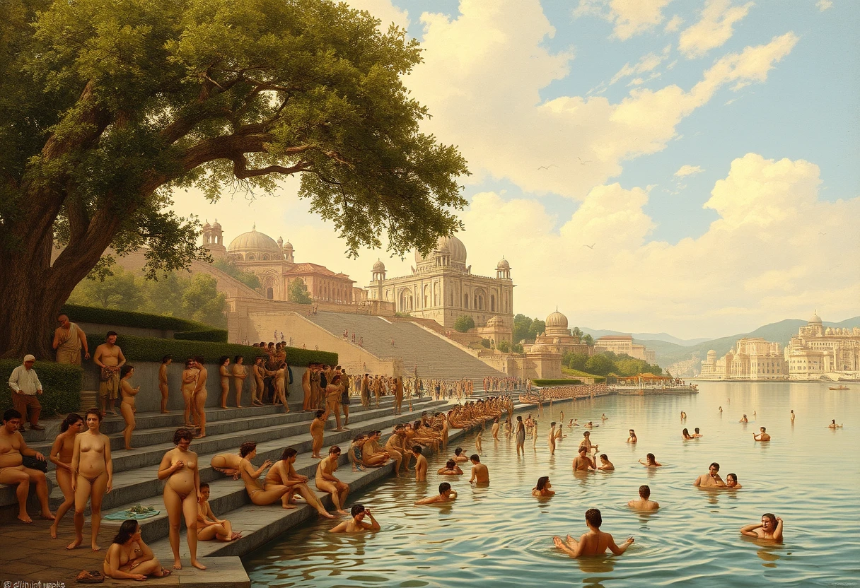 Nude Bathing women, crowd, large river, buildings, tree, stone steps, Persian temple, sky, rule of thirds, Art by Edwin lord weeks