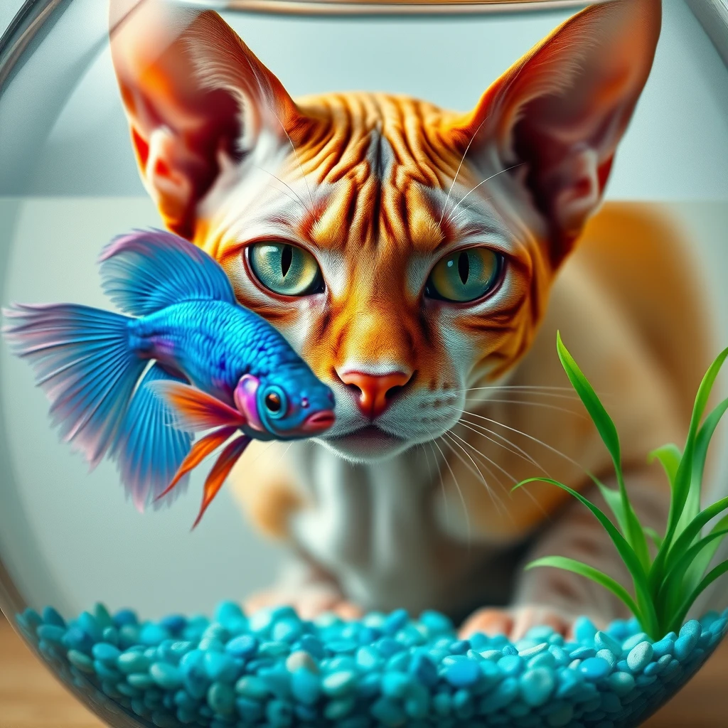 A hyperrealistic smooth oil painting of a close-up interaction between a hyperrealistic cute caricature hairless tri-colored (orange white grey) wrinkly green-eyed calico-colored Sphynx cat and a bright slightly iridescent blue-purple-ombre betta fish. The view shows the cat’s face through the fishbowl, centered, with the cat filling most of the background, eyes focused intently on the fish. The fish is in the foreground, inside a rounded fishbowl with teal aquarium gravel and green water plants. The lighting is gentle and natural, enhancing the serene moment between the two animals. Focus on the cat’s wrinkles, eyes, and the fish’s colorful detailed scales, smooth oil painting finish. - Image