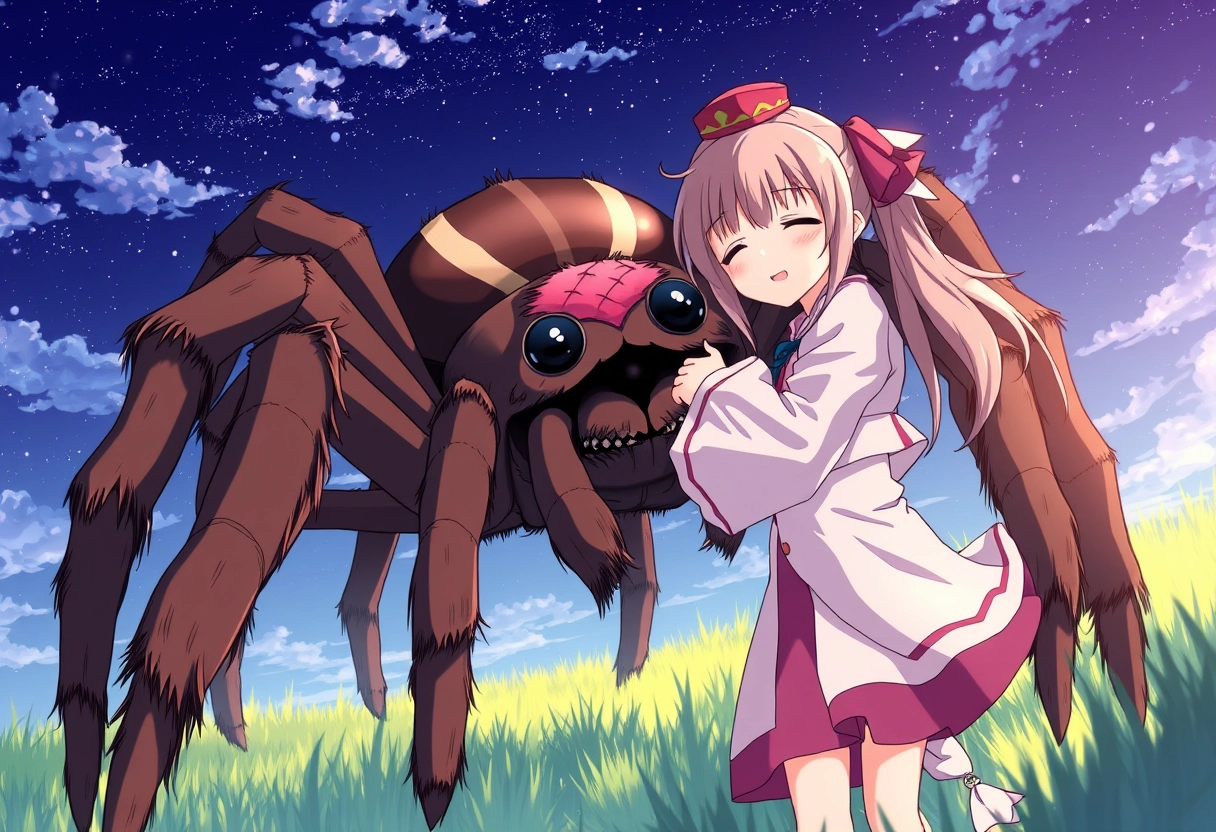 Girl hugs a giant spider anime.