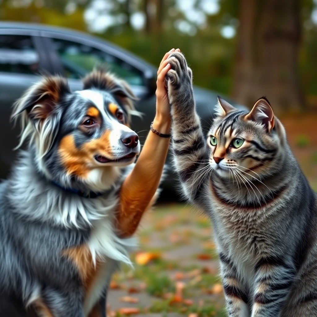 Photorealistic image of a blue merle Australian Shepherd giving a high five to a gray cat with green eyes and darker gray stripes. This should take place near a dark gray Mazda 9.