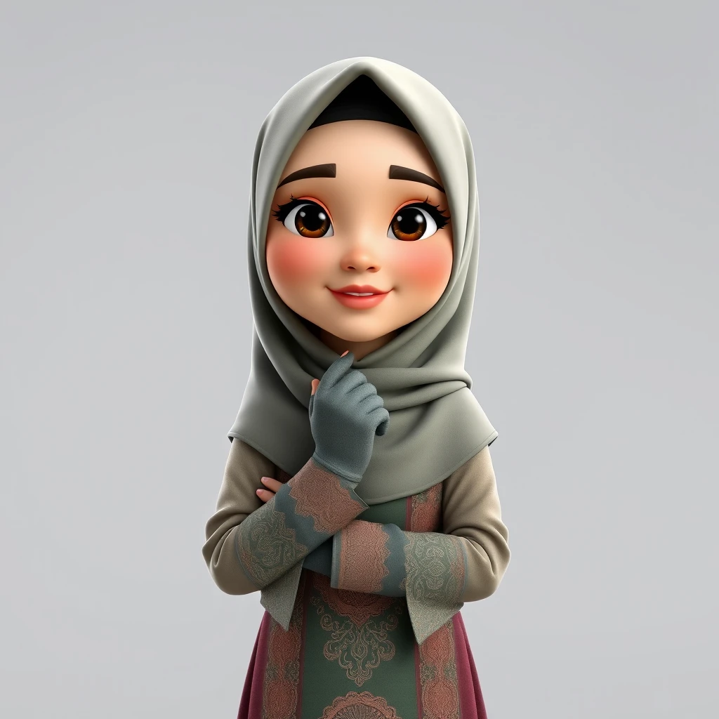 A 3D, 8k animated cartoon depiction of a Muslim woman from Palembang, wearing a traditional long songket and a long gown (gamis). She is adorned with a hijab that covers her chest and wears batik gloves covering her hands.