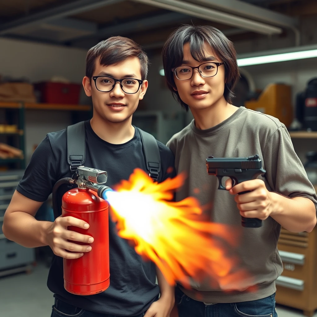 Two-person set, two men, both are 21 years old, one Caucasian man, one Northern Chinese man, together in a garage setting. The first one has round prescription glasses, brown short hair, and is holding a very large fire extinguisher flamethrower. The second one has a thin, long face, wears square prescription glasses, has mid to long fringe hair, and is holding a pistol. - Image