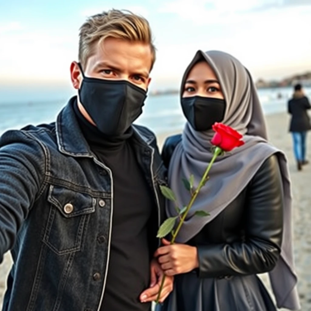 Jamie Dornan's head and body shot, handsome, face mask black, jeans jacket, jeans, dating, love couple with the biggest grey hijab Muslim girl, beautiful eyes, face mask black, black leather jacket, biggest skirt, at the beach, holding a rose, hyper-realistic, street photography, selfie.