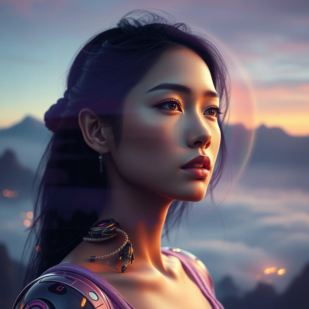 Multiple exposure, Alphonse Mucha's art, Taiwanese beauty, violet, character design, rendering, biomechanics, science fiction, volumetric lighting, beautiful scenery, detailed face, dramatic colors.