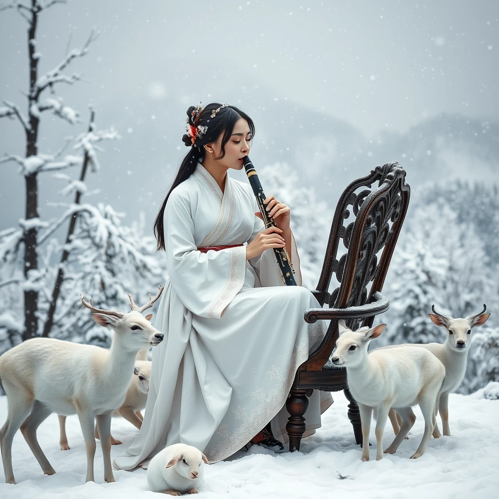 A gorgeous female oboe player in a white hanbok sits on an antique chair at a snow-covered mountain peak, playing the oboe with her eyes closed. Heavy snow is falling around her, with snow-laden trees lining the background. The white deers and hares are around the oboist to listen to the music. It's a serene winter afternoon. Hyperrealistic.