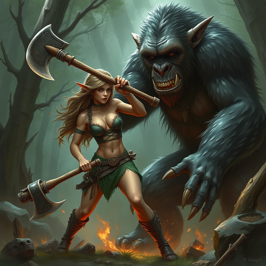 A pretty slut goblin girl using a wooden axe kills a giant ape.