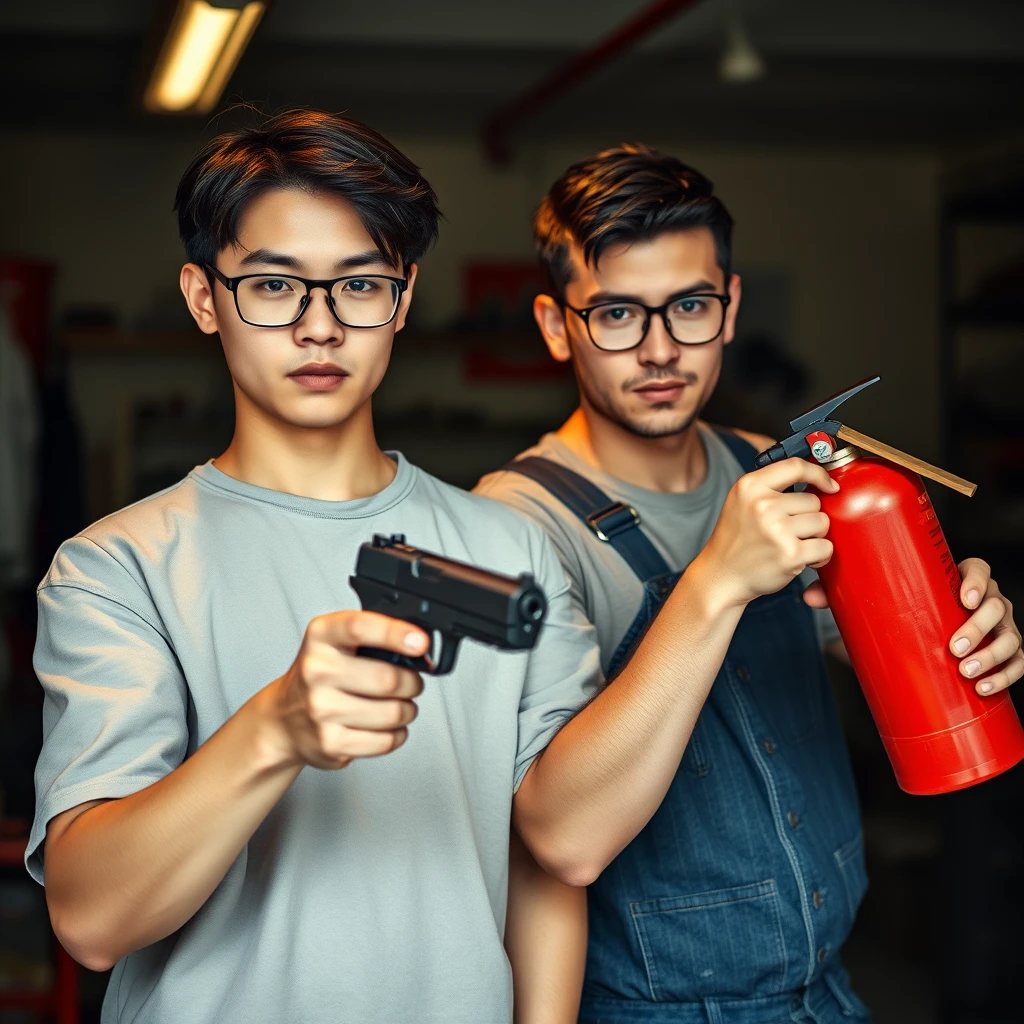 Masculine 21-year-old white Chinese man with square glasses, medium/long hair holding a pistol; 20-year-old white Italian man with round prescription glasses and short hair holding a large fire extinguisher, in a garage setting.