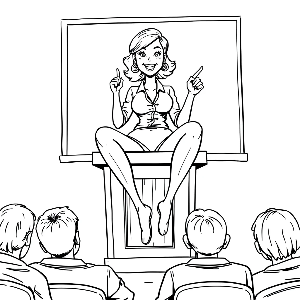 Comic line art, a teacher sits on the podium with legs wide open, she points to her underpants with a pointer smiling at the students. - Image