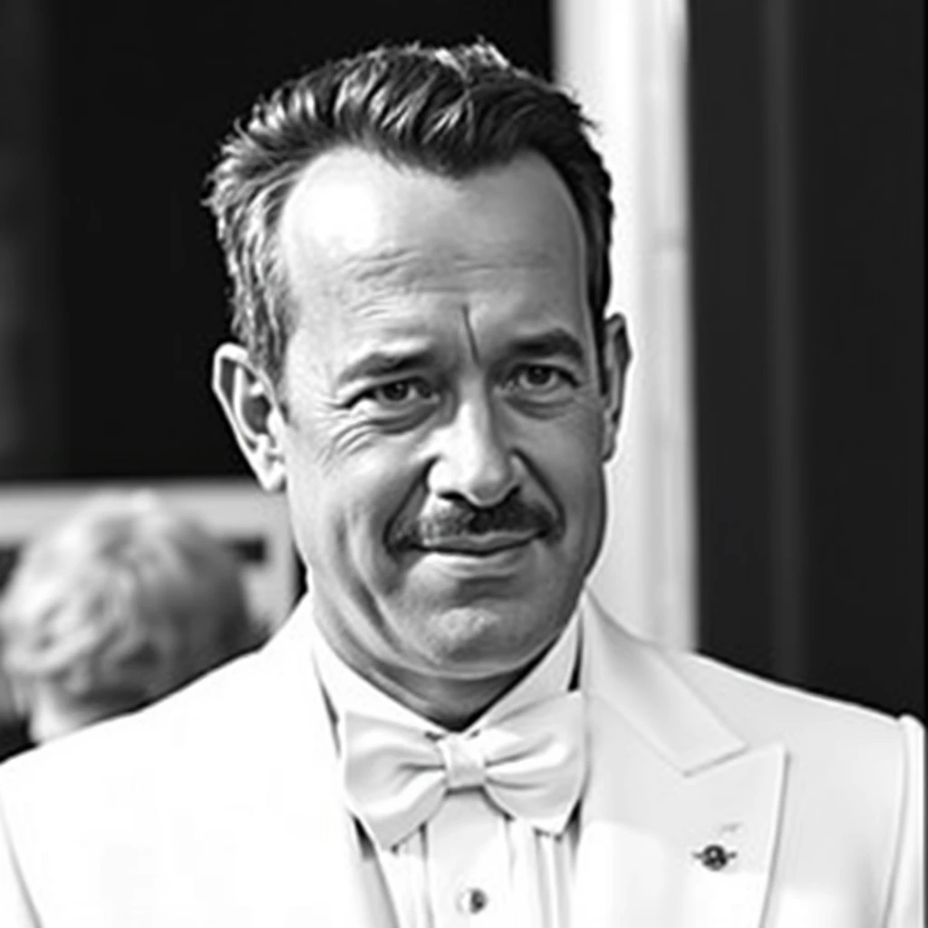 A publicity still of Tom Hanks in black and white, wearing a white tuxedo.