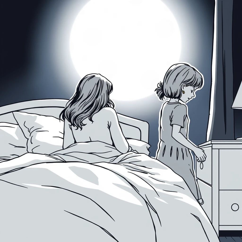 Side view of the bed where a woman with a big backside is sleeping while her daughter, who is standing nearby, is opening a drawer. It's a dark night with moonlight creating an atmosphere, depicted in comic line art, with a close-up of the girl's side view. - Image