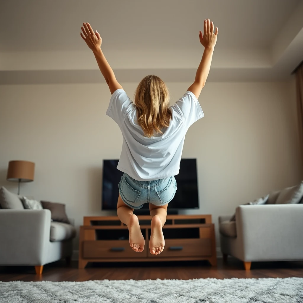 Side view angle of a skinny blonde woman in her large living room, wearing an oversized white t-shirt that is off-balance on one of the shoulder sleeves, along with oversized light blue denim shorts. She is barefoot, facing her TV, and diving headfirst into it with both arms raised below her head and her legs high in the air, at a 60-degree angle, halfway through the TV screen. - Image