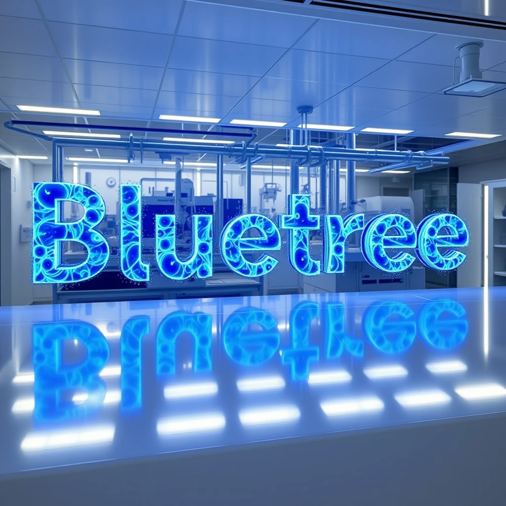 The word "Bluetree" rendered as a holographic projection floating in a high-tech quantum research lab. Each letter, 3 feet tall, is composed of swirling blue particles that mimic the behavior of quantum waves. The text pulsates and shimmers, casting an ethereal blue glow on the surrounding scientific equipment. Sleek, futuristic surfaces reflect the holographic light, creating a sense of depth and dimension. Photographed with a long exposure to capture the movement of the particle effects within the letters. - Image