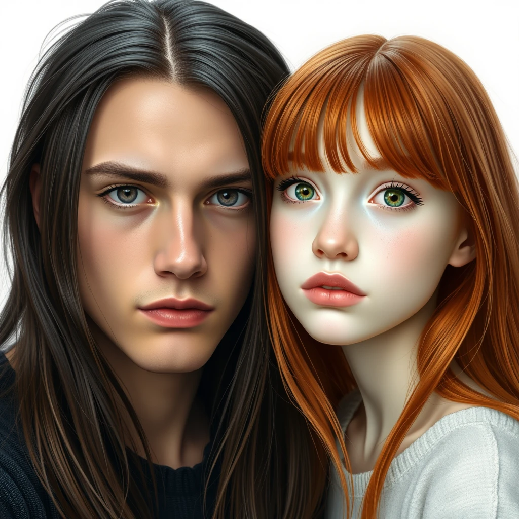 A young man with long dark brown hair parted in the middle, sharp facial features, pale skin, light brown eyes, thick eyebrows, and long eyelashes, next to a cute ginger girl with white skin, a turned-up small nose, pink lips, green eyes, and long bangs.