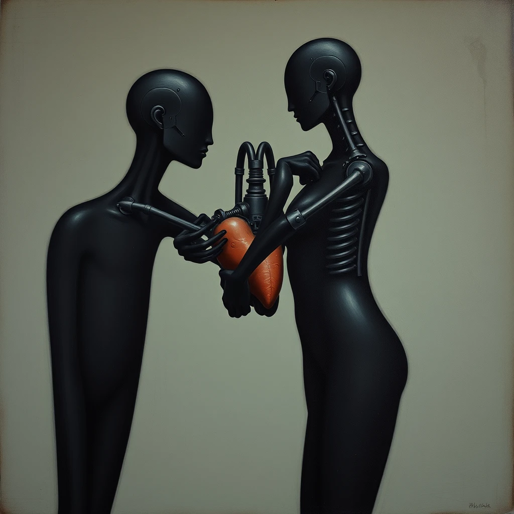 Magritte style dark painting androgynous mechanical human genitalia