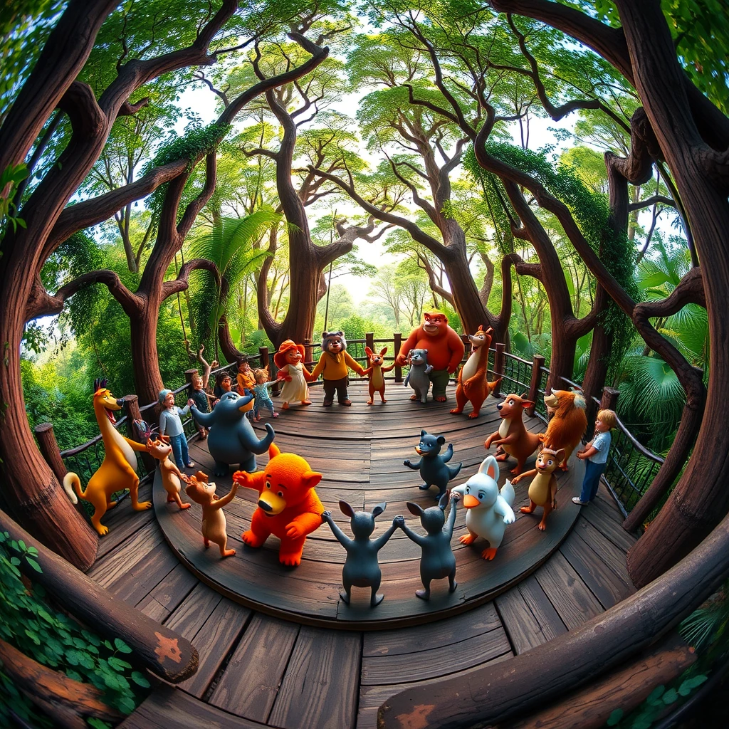 A sweeping, almost dance-like 360-degree shot captures the animals of Disney's forest holding hands around the bridge, celebrating their unity in a choreographed display of teamwork.