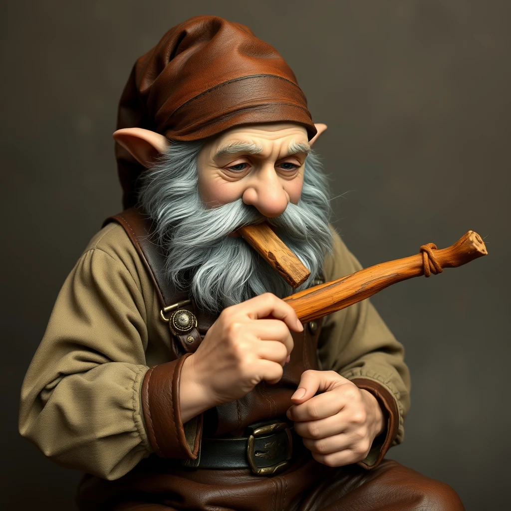 A dwarf with leather overalls sewing leather together and chewing on a piece of wood. - Image