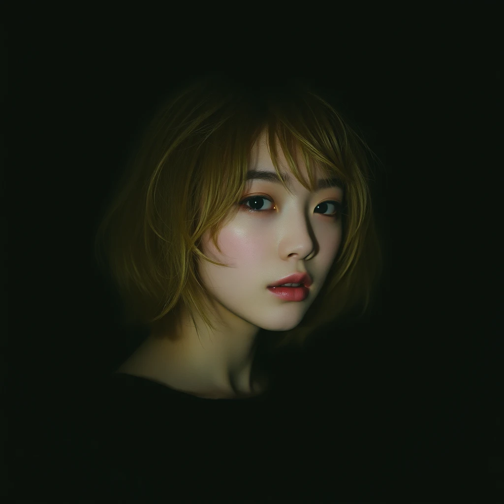 korea beauty girl, xxmix_girl, 1girl, fluffy short hair, dark theme, blonde hair, messy hair, film grain, fog, black theme Tyndall - Image