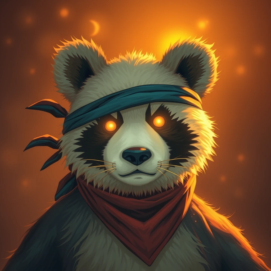 A big crunchy soy panda bear with a bandana tied around his head made of radiant fiery light