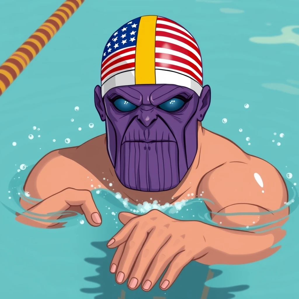 "A purple-faced Thanos is swimming in a competition, wearing a swimming cap with the American flag, in a realistic style, with his hand movements depicted." - Image