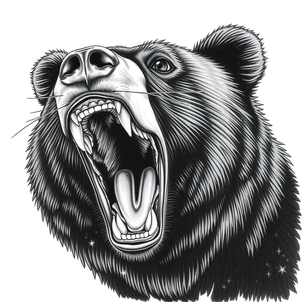 "Draw the details of the mouth of a black bear when it is hunting, in the style of Furui."