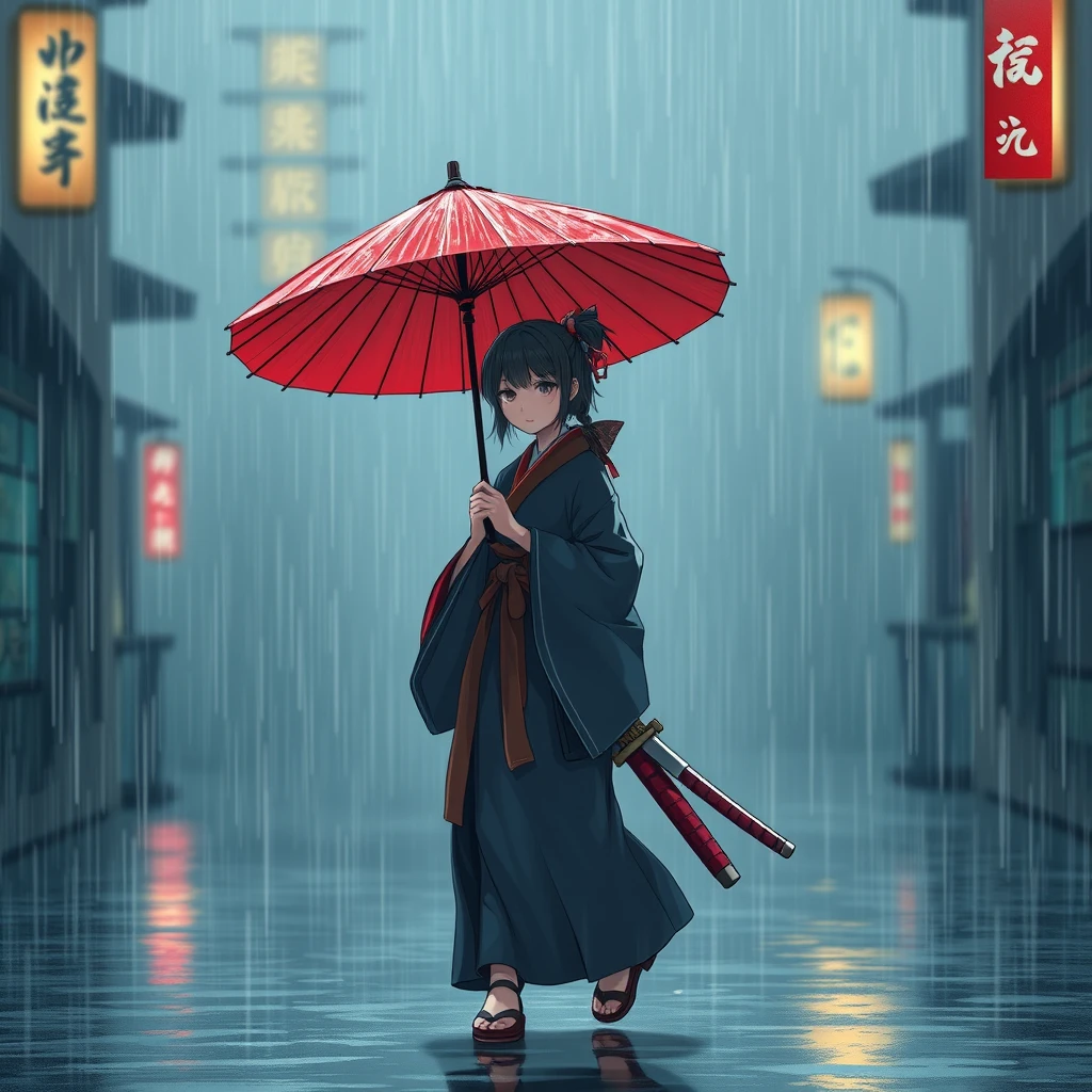 A girl in Hanfu, holding a red umbrella in one hand and a samurai sword in the other, strolls through a rainstorm.