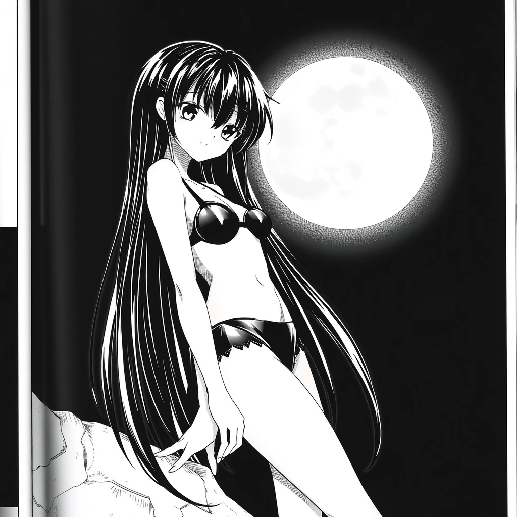 Girl with long, black hair in a black bikini. In the background, a black sky with a big, bright moon. Manga, grayscale. - Image