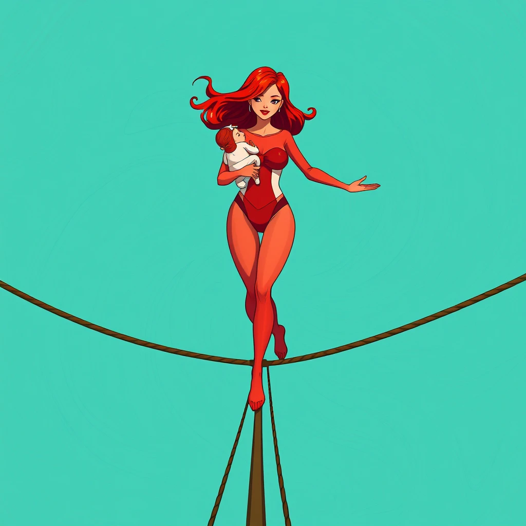 Create an image of a woman walking on a tightrope. The woman has red hair and is dressed in a red bodysuit. She holds a baby securely in her right arm while extending her left arm for balance. The background is a swirling, textured pattern of turquoise and teal, creating a sense of movement and depth. The overall style is illustrative with a focus on vibrant colors and a slightly surreal atmosphere.