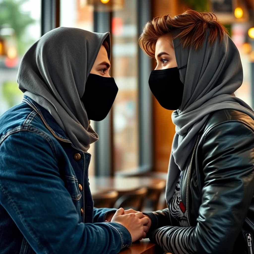 Jamie Dornan's head and body shot, handsome, face mask black, blue jeans jacket, jeans, dating with a grey hijab Muslim girl, beautiful eyes, face mask black, black leather jacket, biggest tiger pattern skirt, at a cafe, looking at each other, photorealistic. - Image