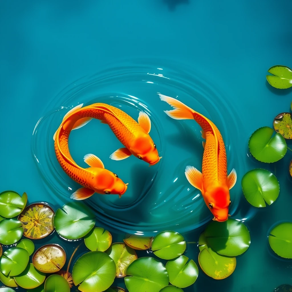 Two orange fish twist and turn elegantly in a pond dotted with lily pads under a clear sky. Setting: Capture a vibrant tableau of vivid orange fish swirling in a sunlit pond strewn with verdant lily pads. The backdrop of a clear azure sky enhances the contrast, making the scene burst with life and color. Opt for a high-resolution, sharp focus to detail the dynamic movement of the fish and the serene ambiance of the pond. Employ bright, natural lighting to emphasize the tranquility of the setting.