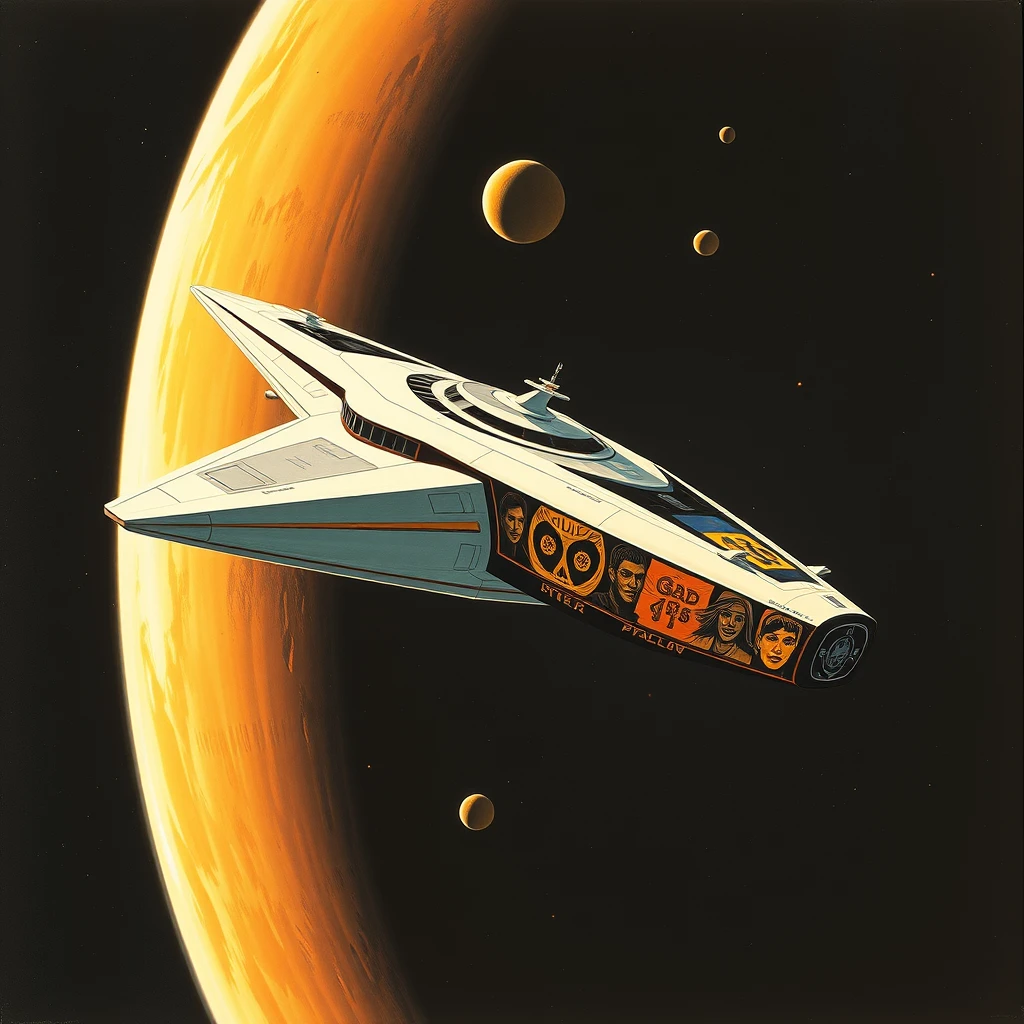 A space-yacht concept, in low Earth orbit, a painting by Syd Mead, sleek, futuristic, a full-length mural depicting terror decorates the side.