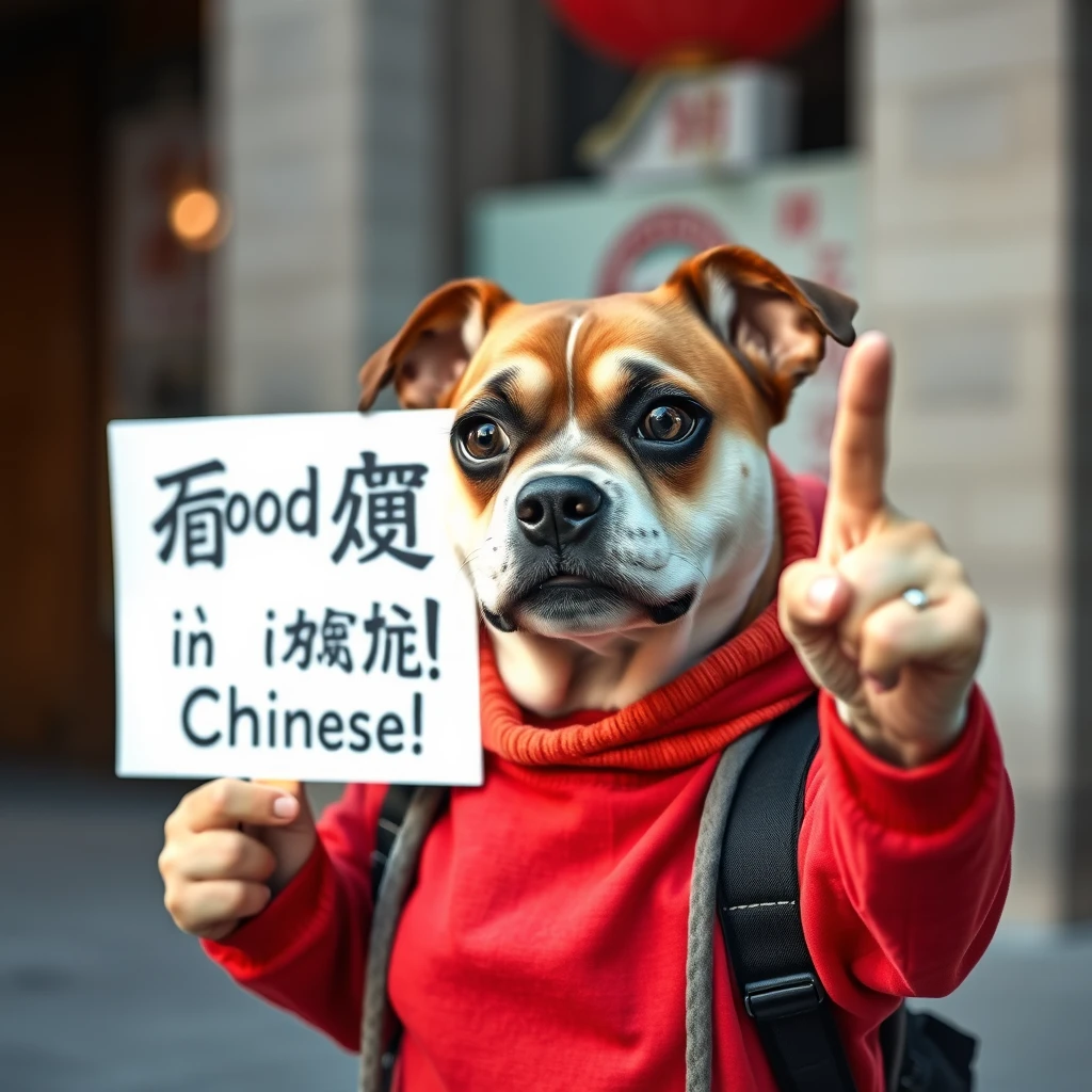 A dog wearing clothes is holding up a sign that says "Good morning in Chinese!" and extending its middle finger forward, with high-quality details, ultra-realistic, HD, 8K, photo. - Image