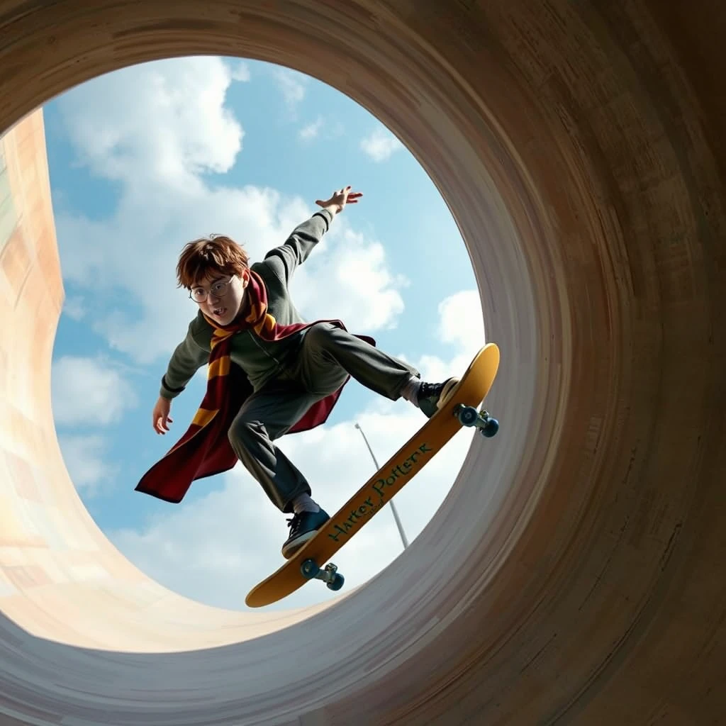 "Photo realistic: Harry Potter with skateboard in the halfpipe" - Image