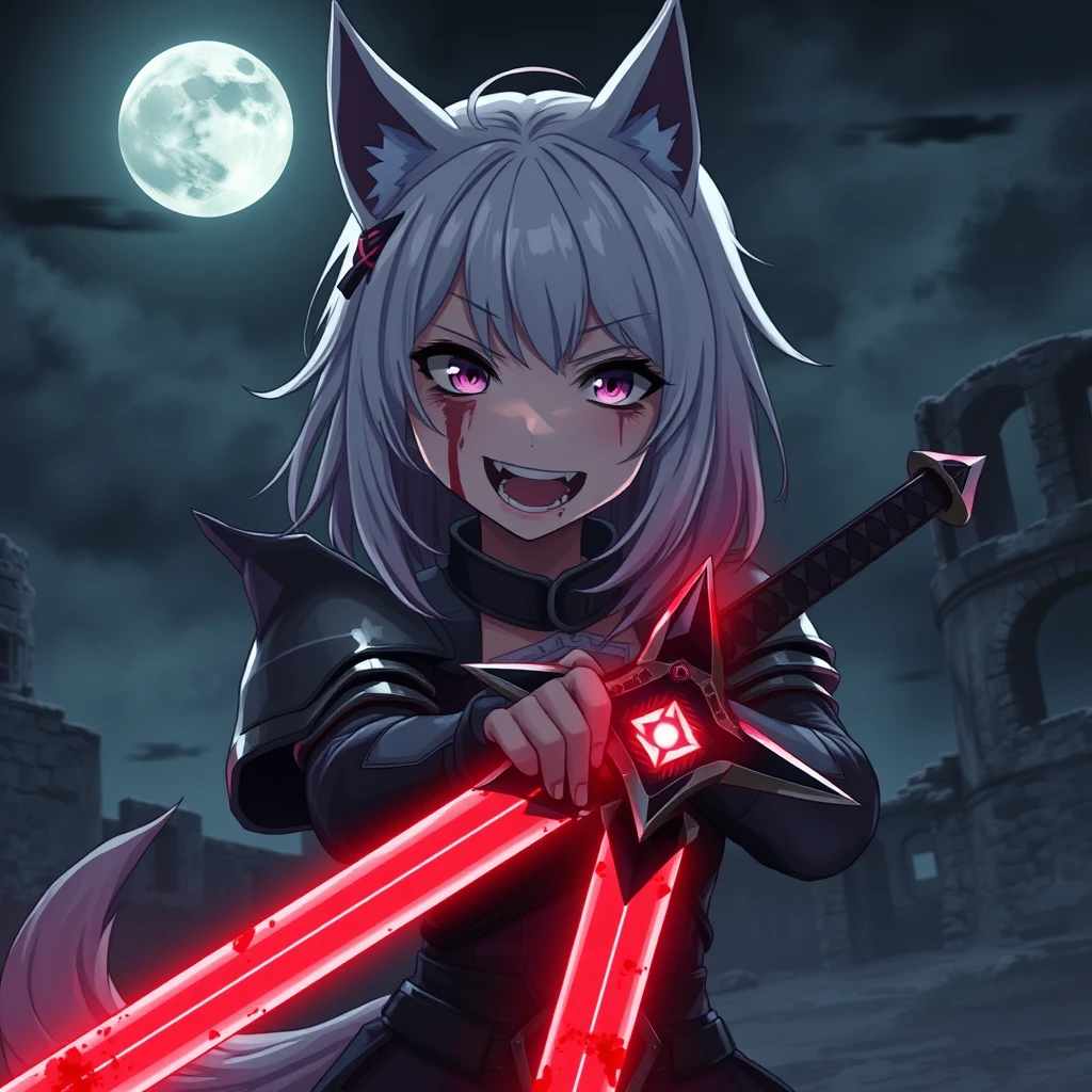 Anime girl with fangs and medium white hair, wolf ears, and a tail, with purple eyes and an evil grin, blood on her face, holding a sword in her right hand. The sword is glowing light red and covered in blood. The girl is wearing armor. Old ruins can be seen in the background; it is dark and foggy. In the sky is a full moon. Dramatic, dynamic, cinematic. - Image