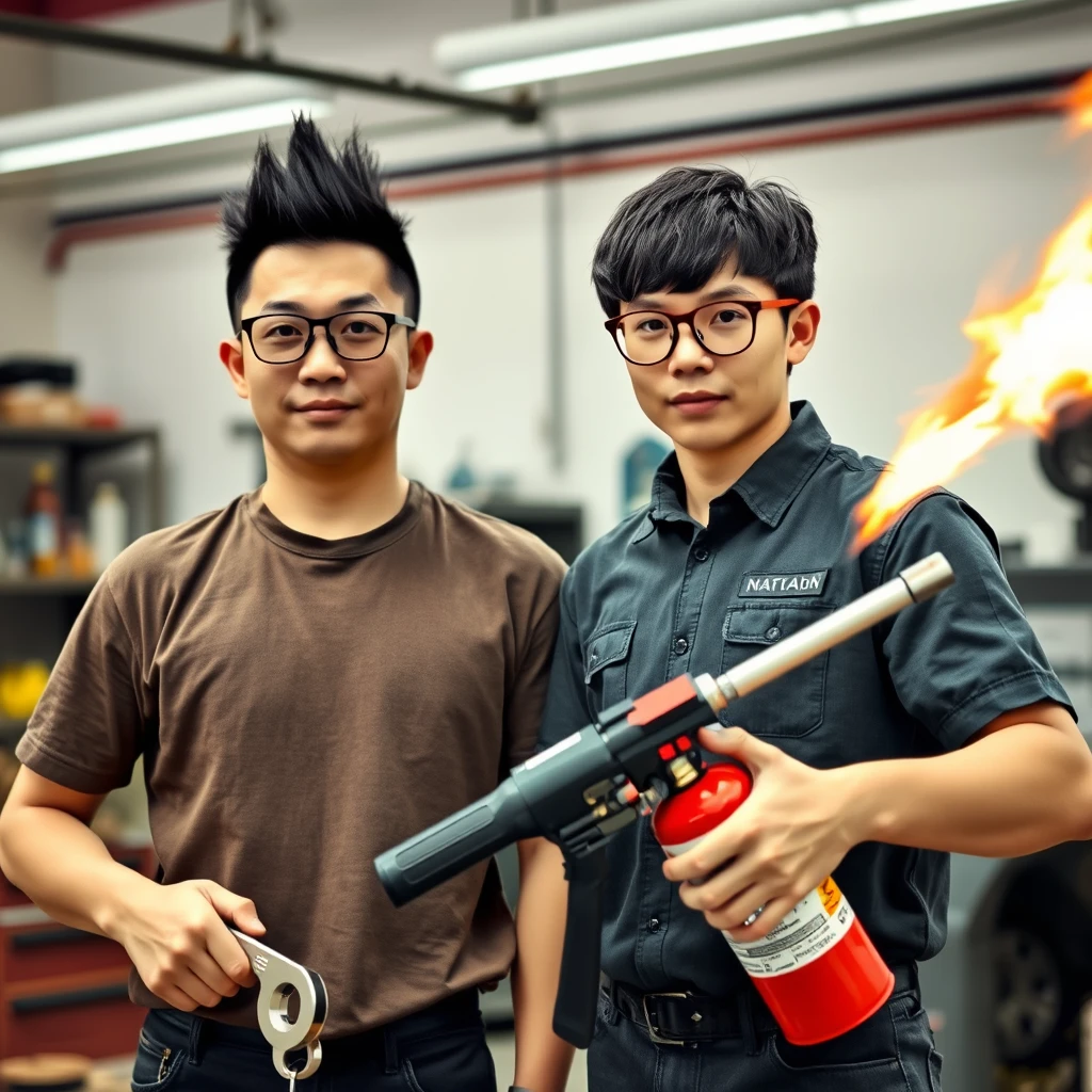 21-year-old white Chinese man wearing square glasses, long black mullet, holding a wrench; 21-year-old white Italian man wearing round prescription glasses and short hair holding a very large fire extinguisher flamethrower, in a garage setting.