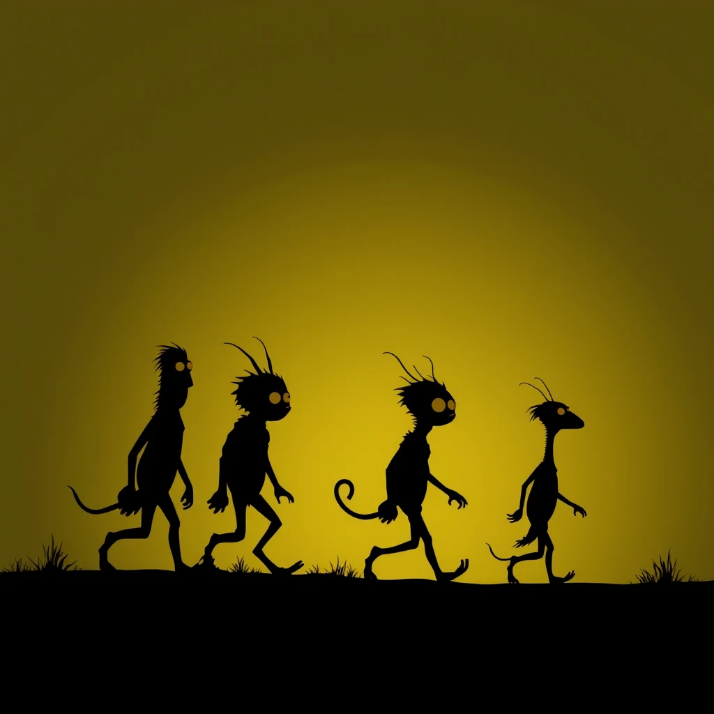 A group of little silhouette creatures walking alone. Fun but a little scary looking with big eyes and long necks mixed bunch. - Image