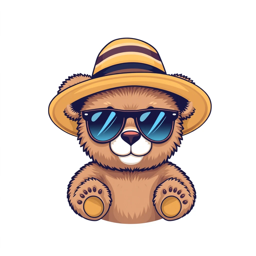 teddy bear wearing sunglass and wearing a big stripe hat, flat 2d, vector, white background, enclosed in a circle, professional tshirt design vector - Image