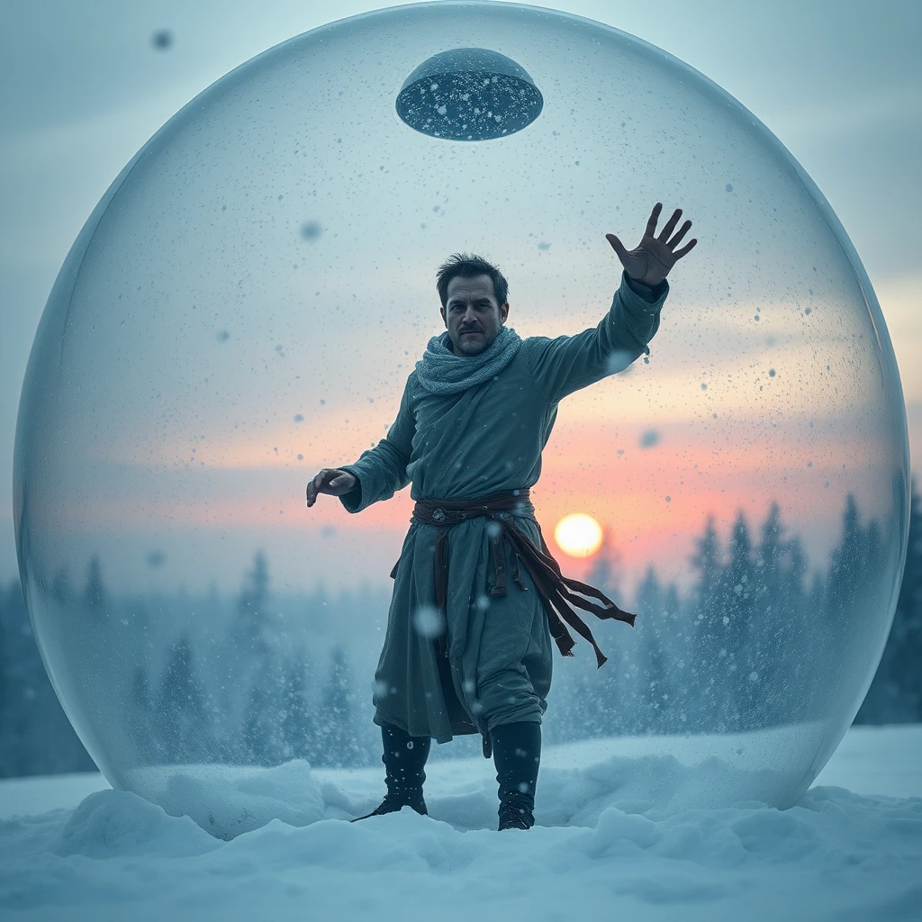 **Theme and Atmosphere**:  
“Realm of Helplessness: A man dressed in thin clothing and looking haggard stands within a huge transparent glass dome. He pounds relentlessly on the glass dome, but to no avail. Snow falls inside and outside, creating a desolate and profound world.”  

**Background Setting**:  
- “The background is filled with swirling snowflakes and the hazy outline of a forest, with the setting sun casting a blood-red glow.”  
- “In the distance, the blurred shapes of a snow-covered forest faintly emerge, adding a sense of depth to the image.”  

**Glass Dome and Snow Scene**:  
- “The glass dome presents a transparent texture, filled inside with pure white snowflakes, featuring rich details and distinct layers that echo the snowflakes outside.”  
- “The edges of the dome can be slightly blurred to enhance the sense of transparency and spatial depth.”  

**Character Description**:  
- “The man is dressed thinly, with a haggard face and deep-set eyes, pounding hard on the glass dome while gazing at the distant, hazy sun. His struggle and defiance are evident, yet they convey a sense of helplessness.”  

**Emotion and Meaning**:  
- “The entire picture aims to convey a sense of helplessness and loneliness.”  
- “Through the metaphor of the glass dome, one can explore the barriers and connections between the individual and the outside world, as well as the insignificance and helplessness of a person in the face of life.”  

**Details and Decoration**:  
- “Pay attention to the handling of light and shadow, using the light reflected by the snowflakes to enhance the brightness and layering of the image.”  
- “Without compromising the overall atmosphere, some small decorative elements can be added, such as falling snowflakes or plants swaying in the cold wind.”  

**Style and Technique**:  
- “Please use delicate and emotionally rich brushwork, focusing on the harmonious combination of colors and light and shadow.”  
- “In terms of composition, pay attention to the balance and contrast, ensuring the image is both stable and dynamic. In a two-dimensional style.”