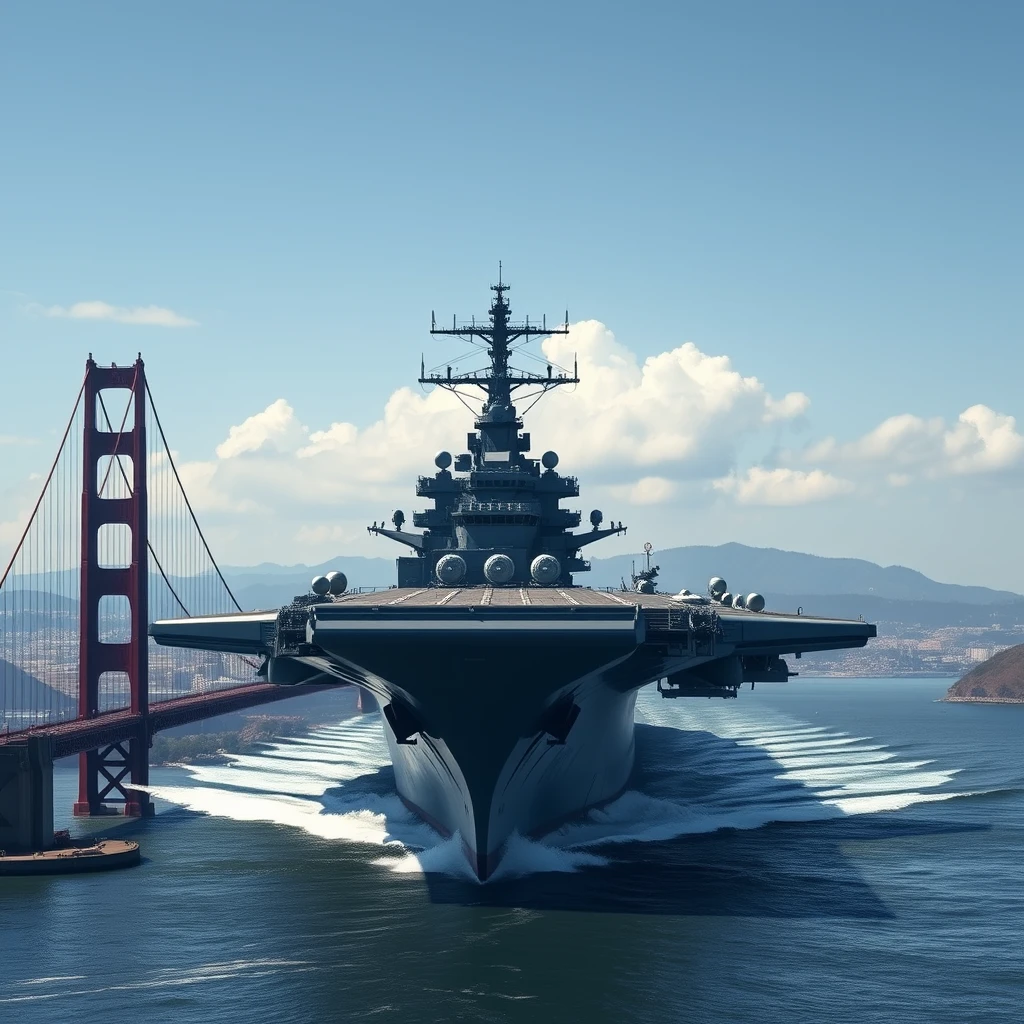 A high quality, photorealistic image of a massive, futuristic nuclear aircraft carrier moving near San Francisco. It is in the middle of the day, on a bright summer day in San Francisco with little clouds. - Image