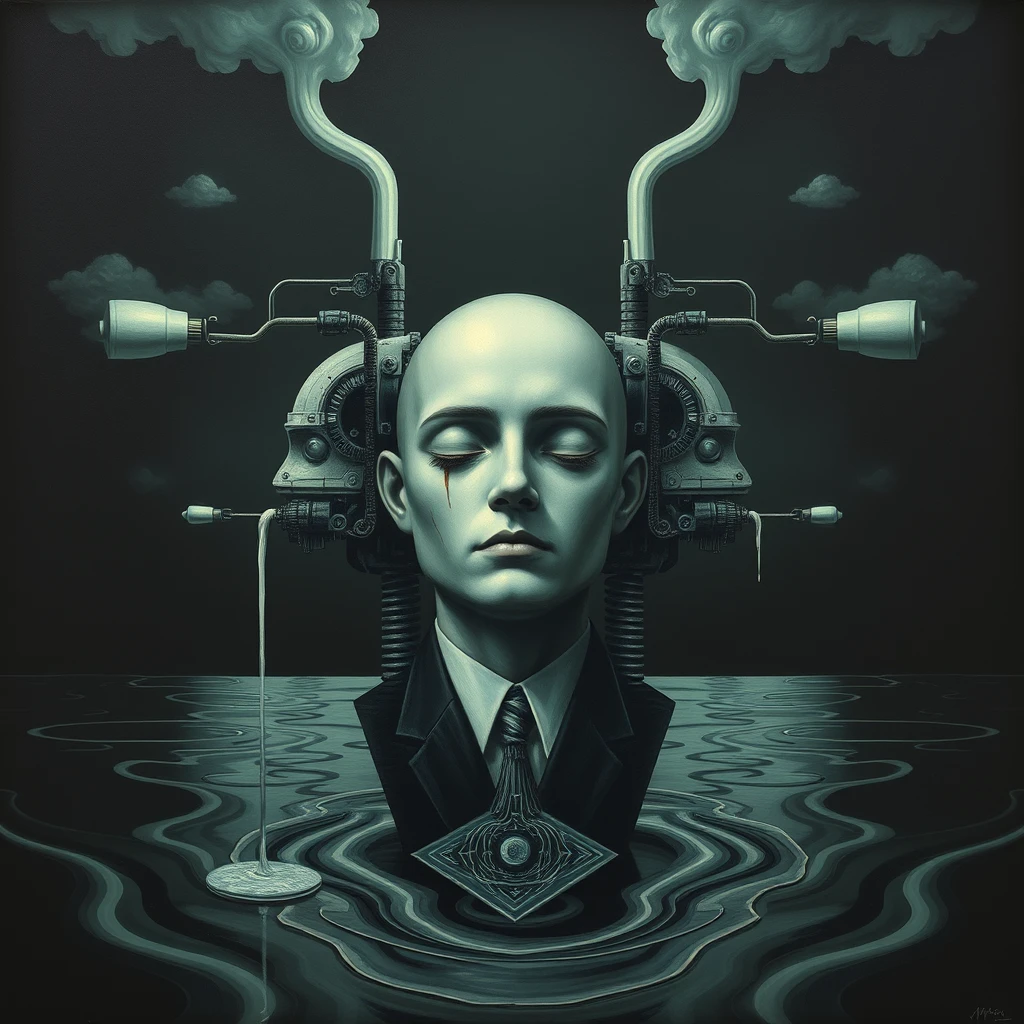 Magritte style dark painting androgynous mechanical human liquid society